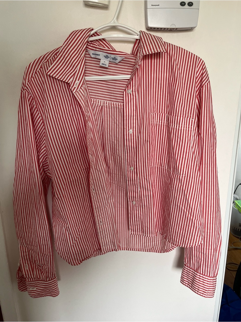 Old Navy Red and White Striped Men's Button-Down Shirt